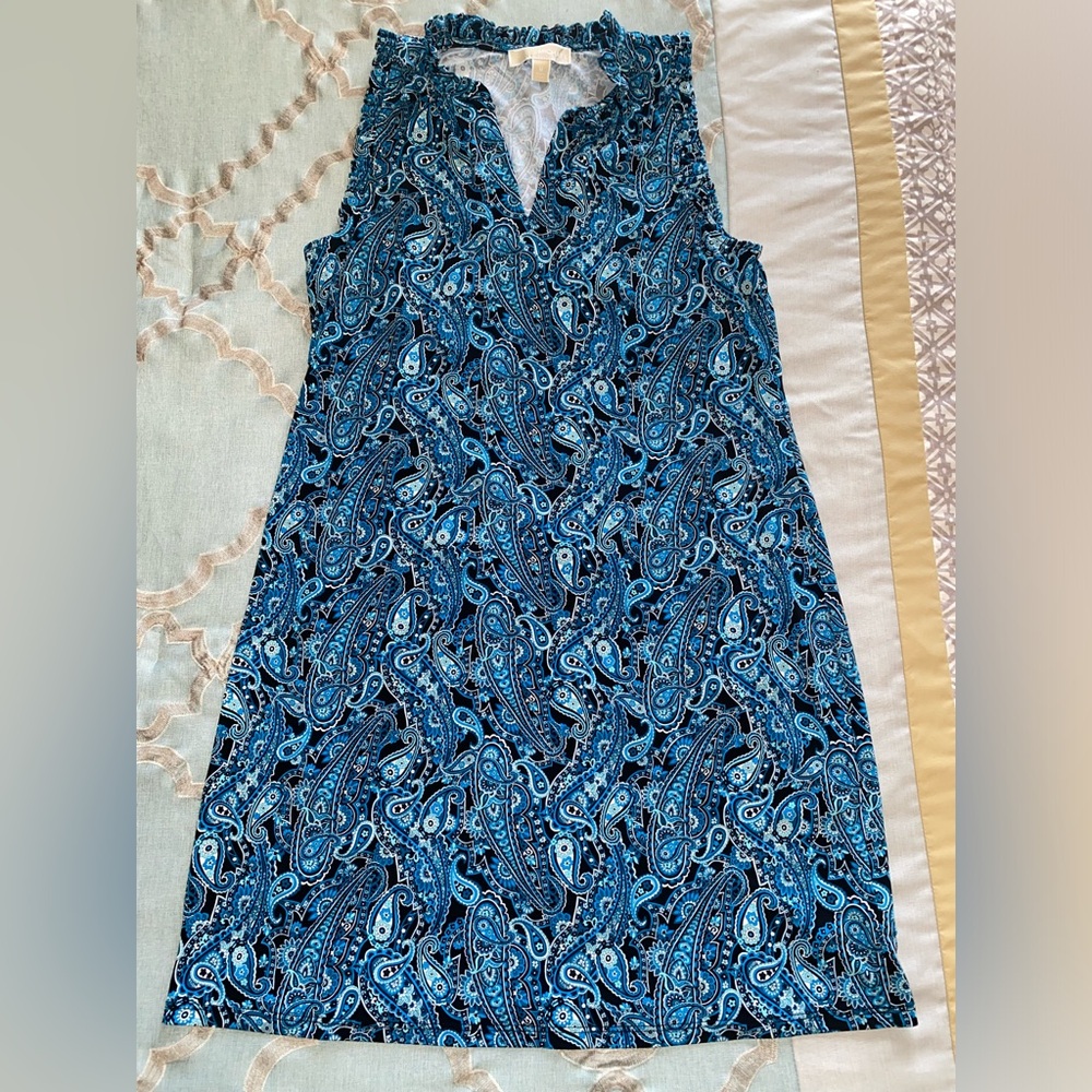 Michael Kors Paisley Dress V-Neck Ruffle Sleeveless Blue White Floral Medium